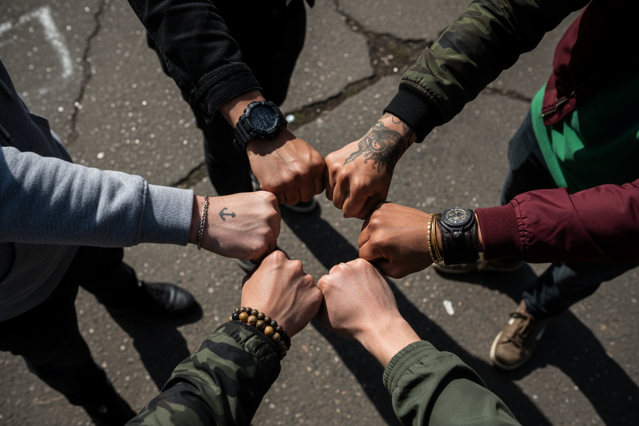 Szene / Komposition:

5 Hände aus unterschiedlichen Richtungen (Kreis), die sich in der Mitte treffen.

Unterschiedliche Hauttöne, Armbänder, Uhren oder Tattoos – Vielfalt & Authentizität.

Fokus auf die Hände, nicht auf Gesichter.

Stiloptionen:

Urban-Look: Betonboden oder dunkler Hintergrund, natürliche Schatten, harte Kontraste.

Studio-Look: Schwarzer oder weißer Hintergrund, Fokuslicht auf die Fäuste.

Lifestyle-Look: Draußen, z. B. auf Asphalt, Sonnenlicht, Streetwear-Outfits sichtbar.

Ton & Stimmun